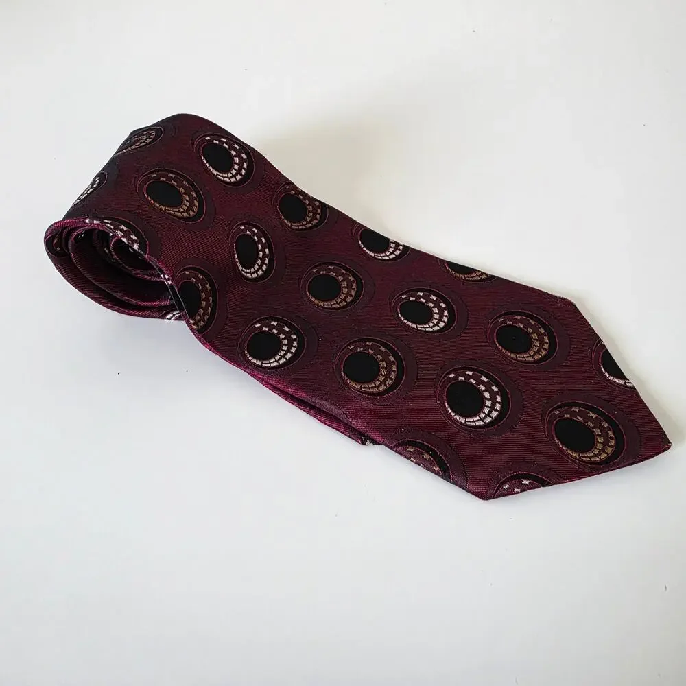 Hugo Boss Silk Tie Burgundy Geometric Circle Pattern Italy Designer Neck Tie